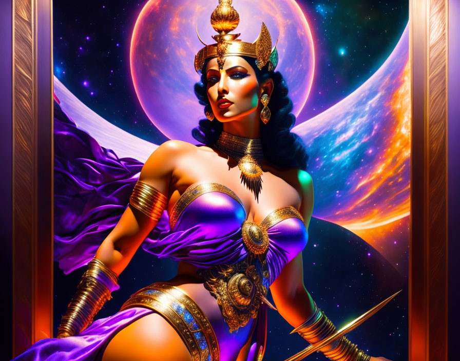 Cosmic goddess artwork with traditional headdress and vibrant purple drapery