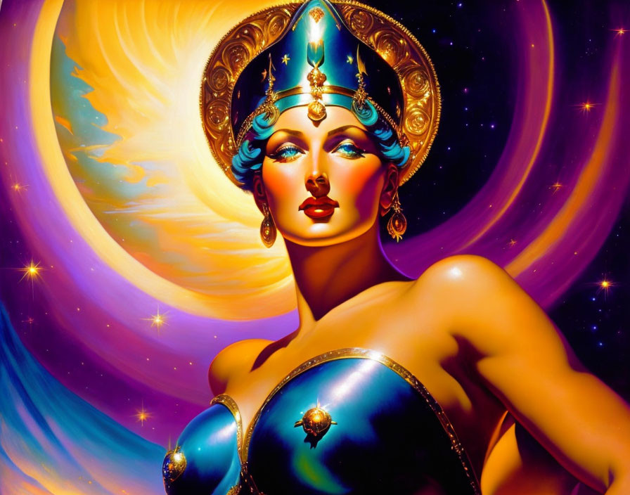 Colorful cosmic-themed woman illustration with blue headdress and gold jewelry