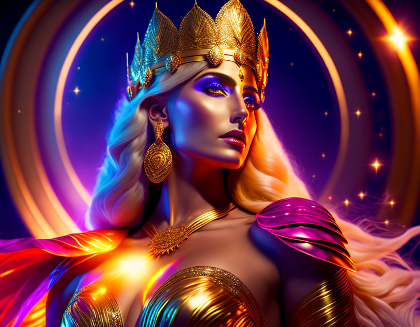 Digital Artwork: Woman in Golden Armor and Crown with Cosmic Background