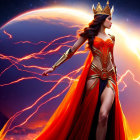 Regal woman in ornate orange gown with crown against cosmic backdrop