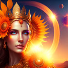 Regal woman with golden crown in cosmic setting