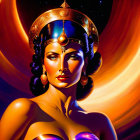 Stylized woman in futuristic golden helmet against red and orange backdrop