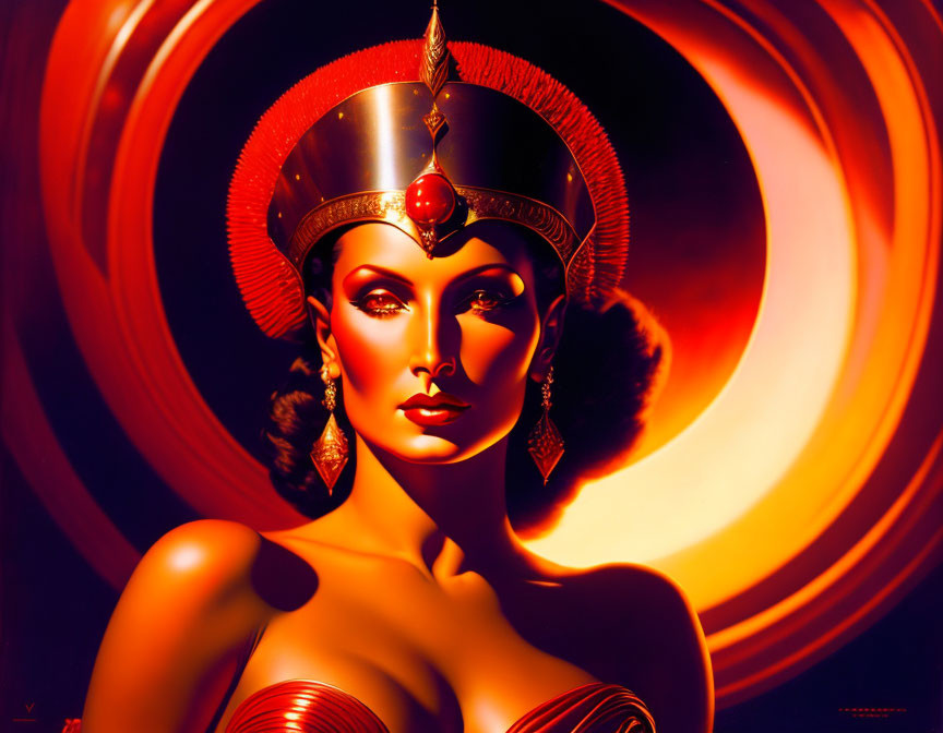 Stylized woman in futuristic golden helmet against red and orange backdrop