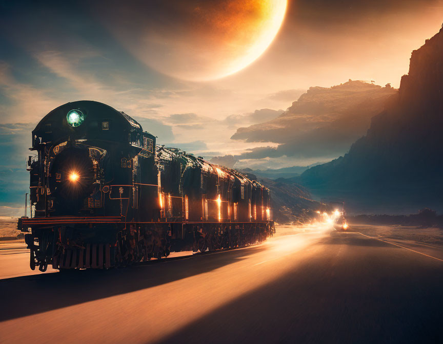 Steam locomotive on tracks at sunset with dramatic clouds and low celestial body