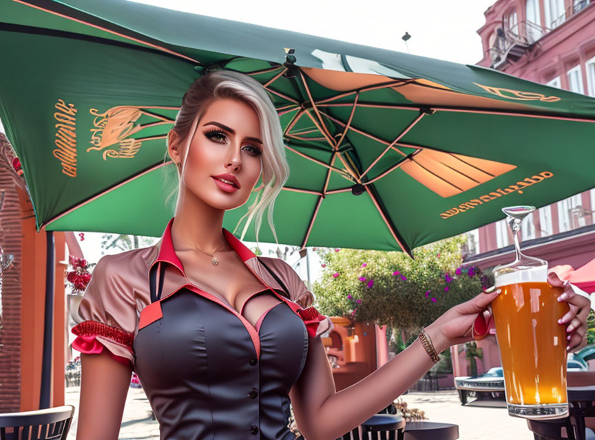 Blonde woman in red and black uniform with beer stein under green parasol