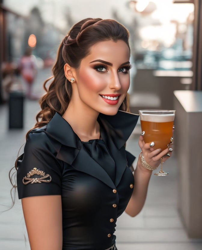 Smiling woman in black dress with beer glass on busy street at dusk