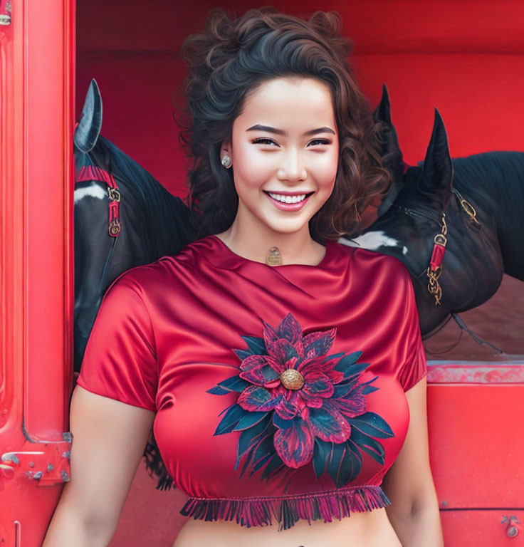 Smiling woman in red floral top with horses on red backdrop