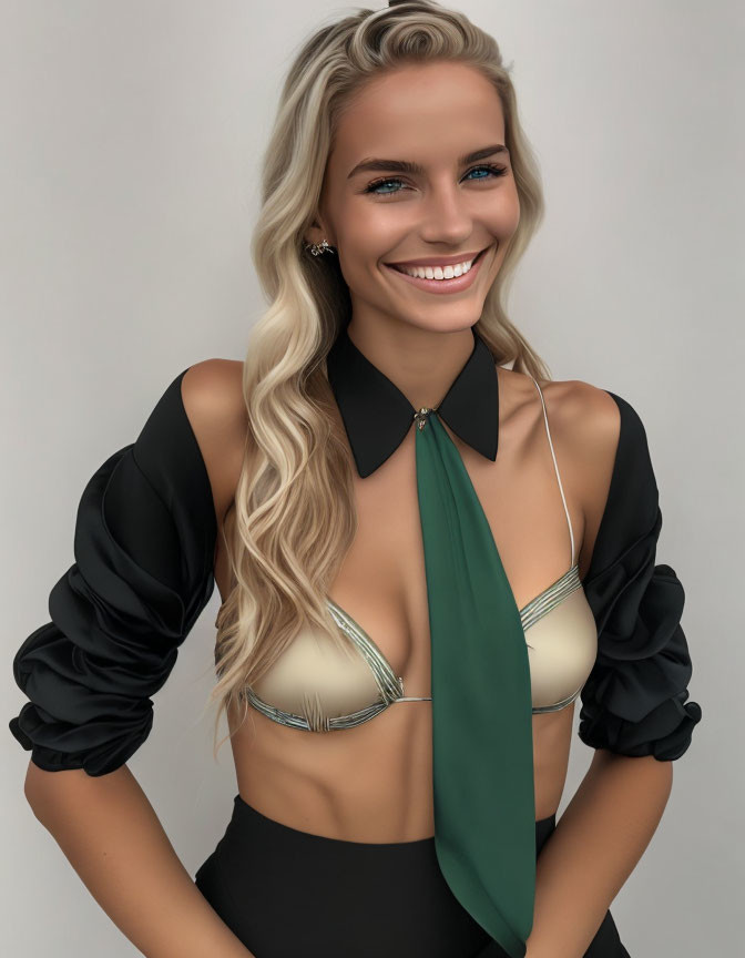 Blonde person in black top with green necktie and metallic bralette