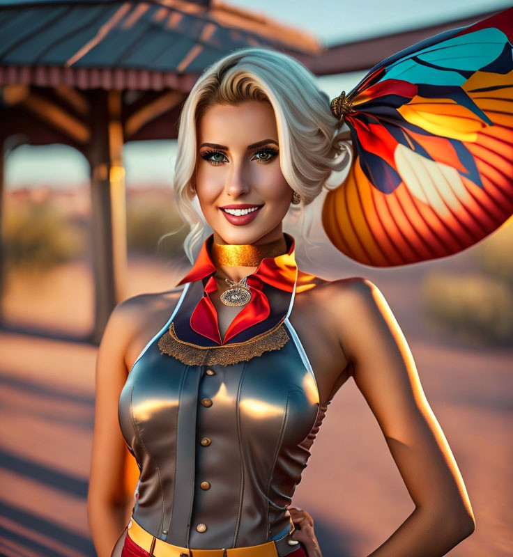 Blonde woman in colorful attire holding umbrella under desert shelter