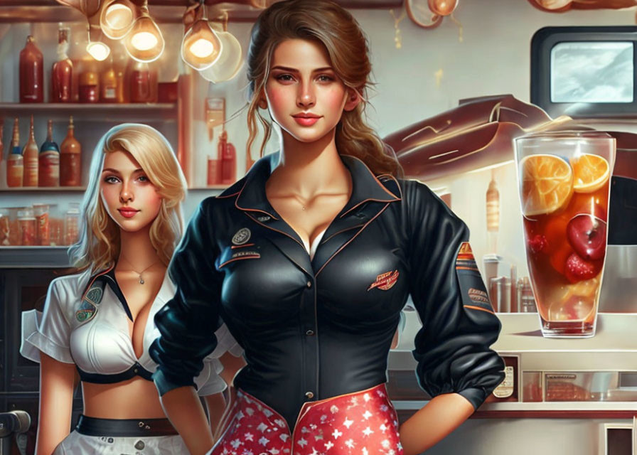 Two women in retro diner waitress uniforms by iced tea in vintage diner setting