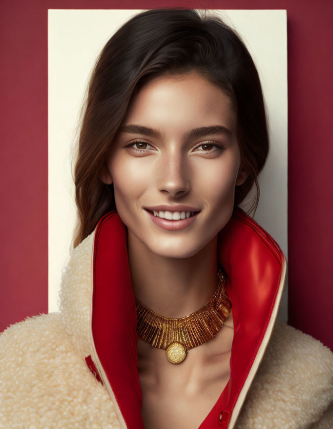 Smiling woman in plush coat with red collar and gold necklace on crimson background