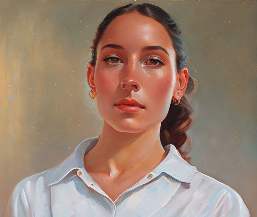 Realistic painting of young woman in white shirt and gold hoop earrings