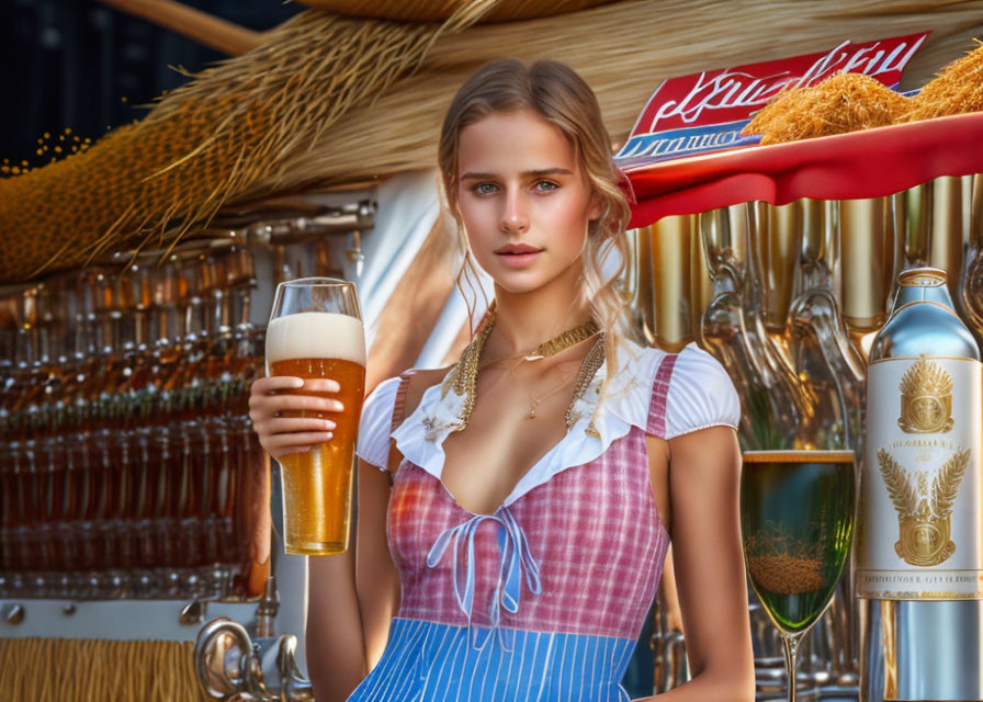 Traditional Bavarian woman with beer and brewing equipment.