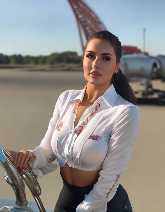 Woman in white blouse leaning on motorcycle handlebar with bridge background