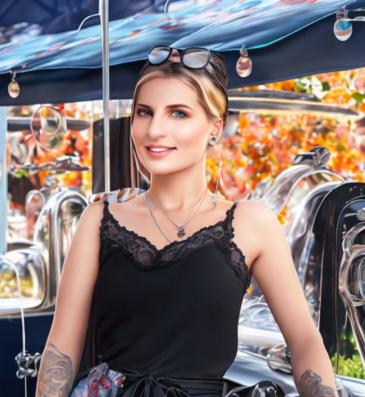 Smiling woman in sunglasses and black lace top with motorcycle parts outdoors