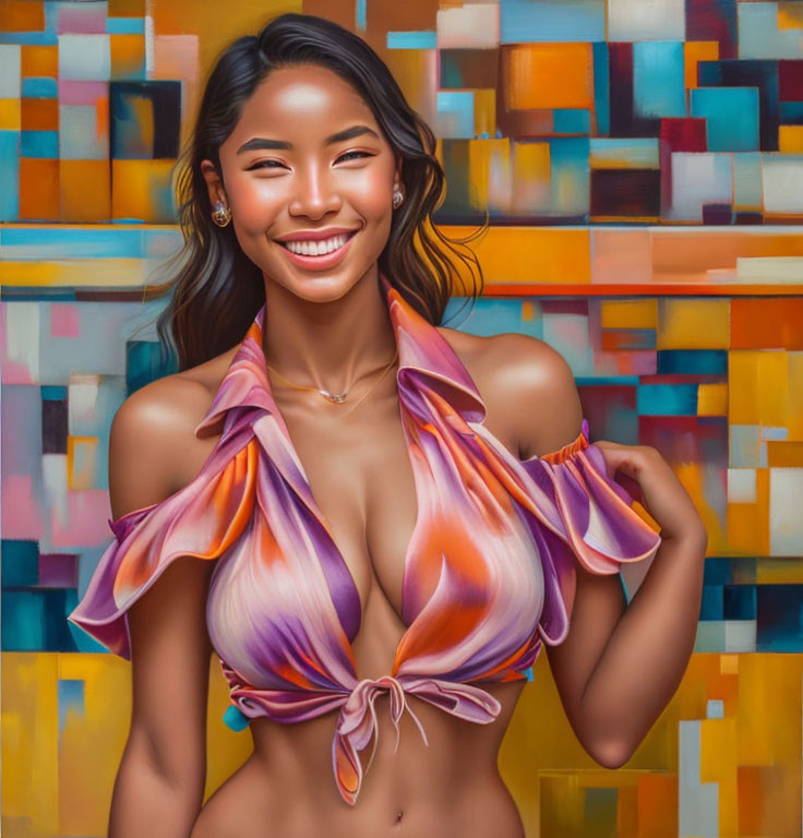 Smiling woman in tie-front top against abstract geometric backdrop