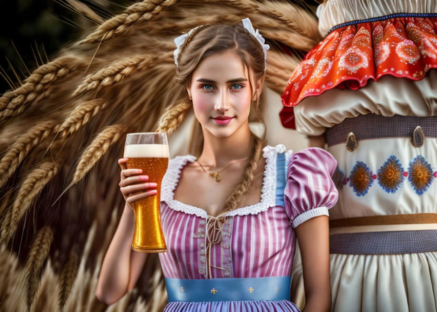 Traditional Bavarian woman with beer and wheat sheaves in background