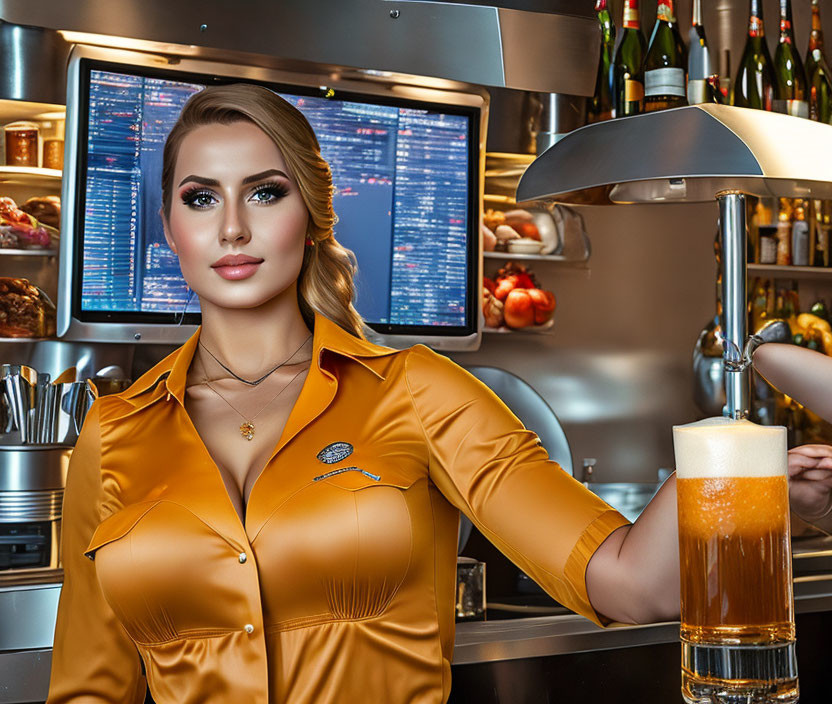 Blonde woman in orange outfit at bar with beer tap in warm setting