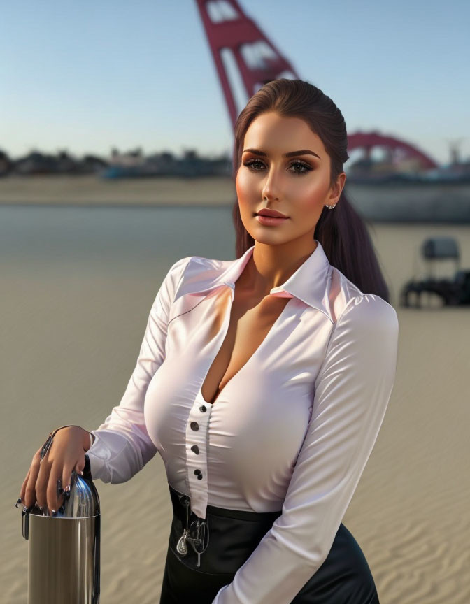 Digital artwork of woman with brown hair in white blouse and black skirt standing outdoors with purse and ferris