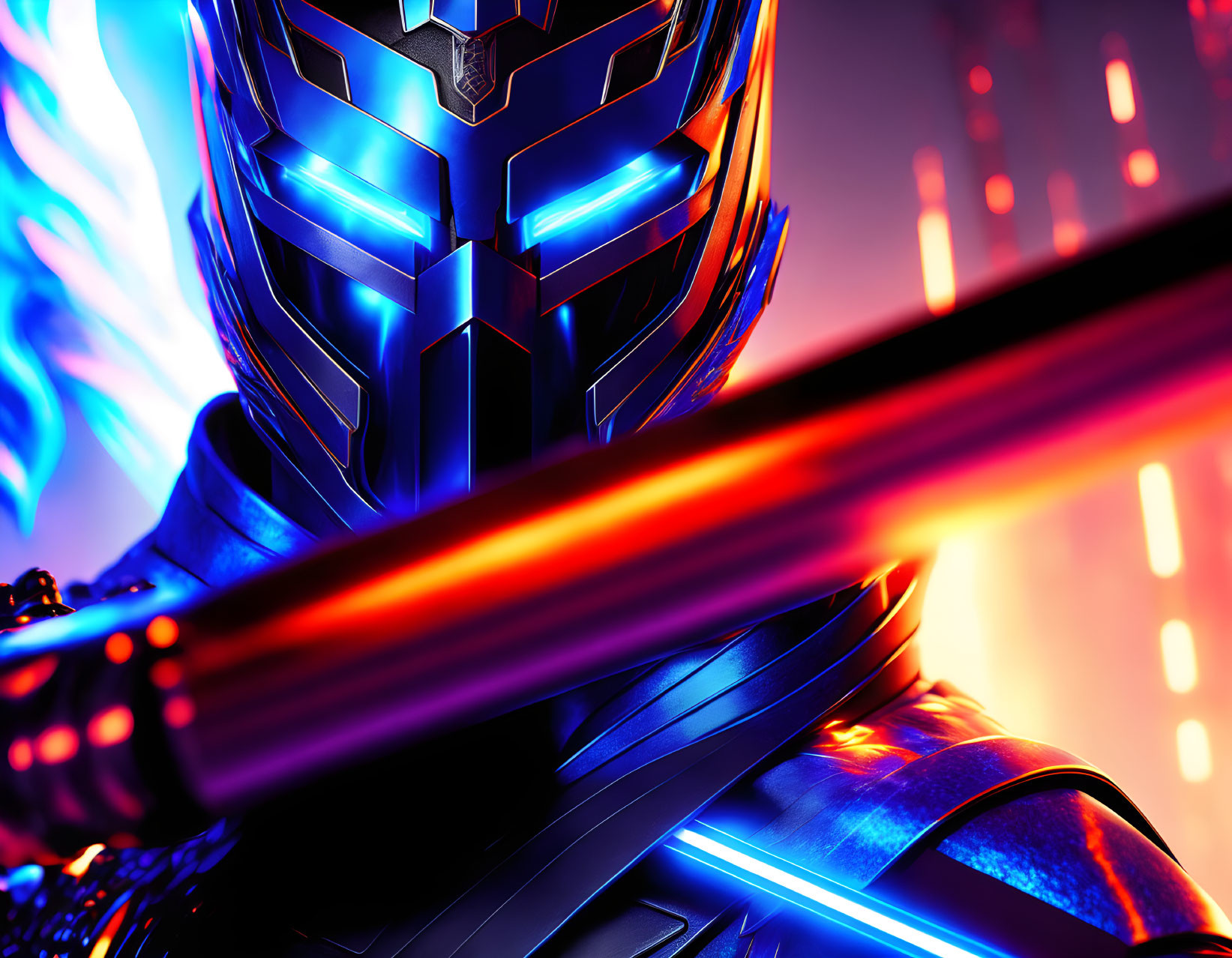 Futuristic warrior in blue armor with glowing visor and neon red sword