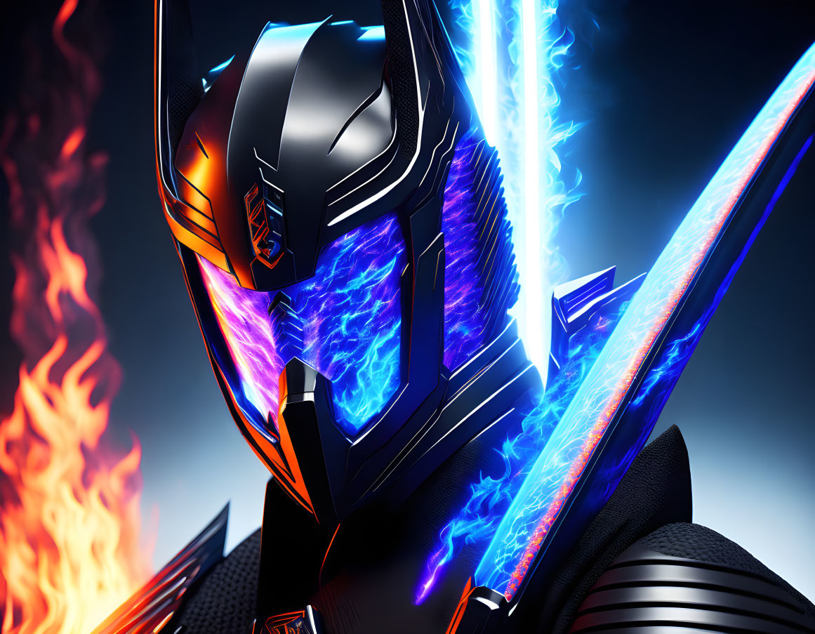 Futuristic knight helmet with glowing blue visor and energy beams on dark background