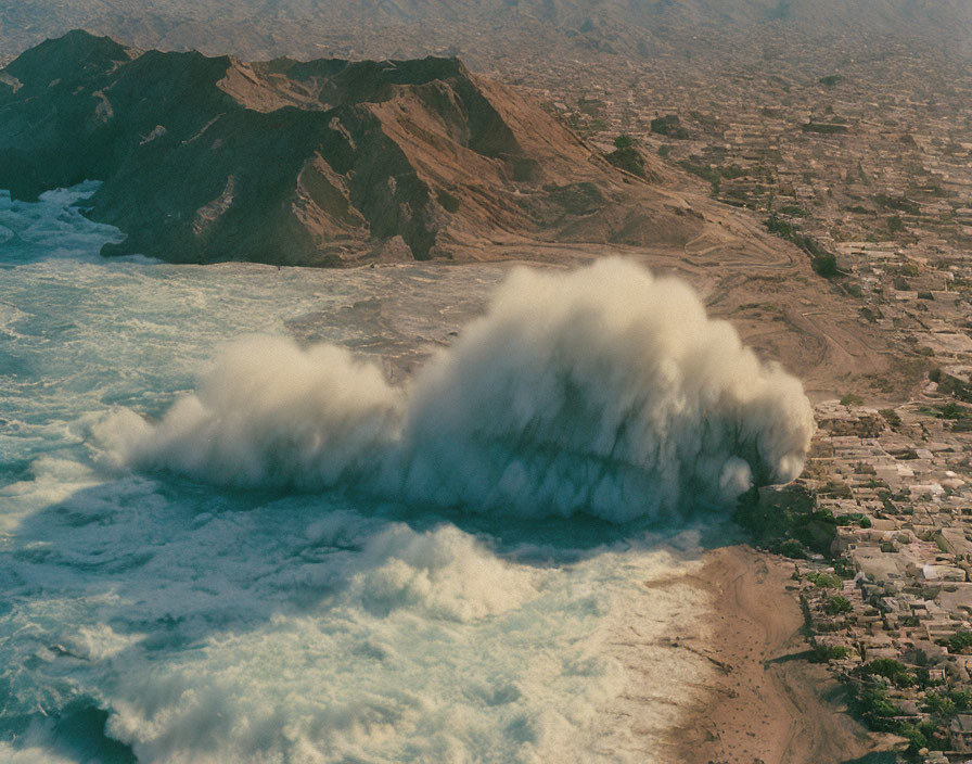 Massive dust storm over coastal town and mountains.