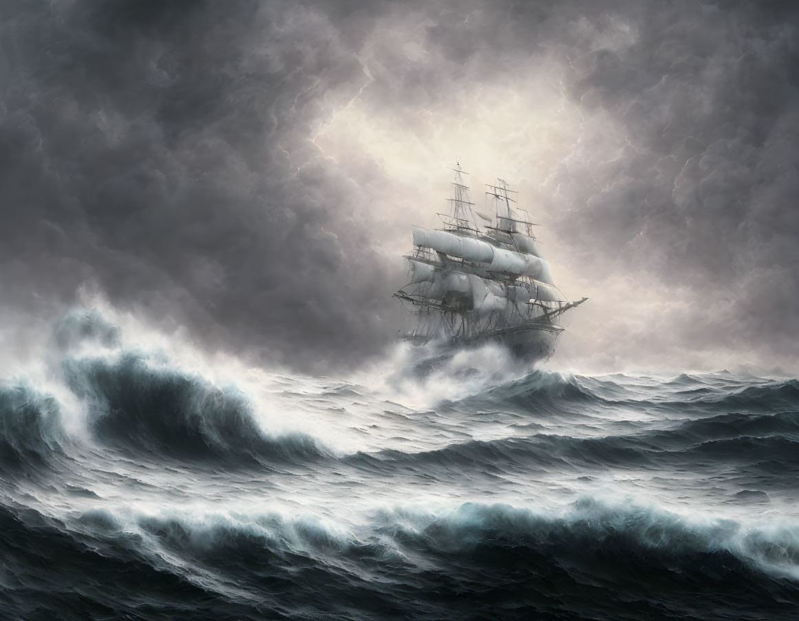 Tall ship navigating stormy seas with billowing sails