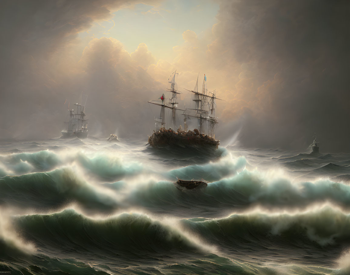 Stormy seas with sailing ships and towering waves.