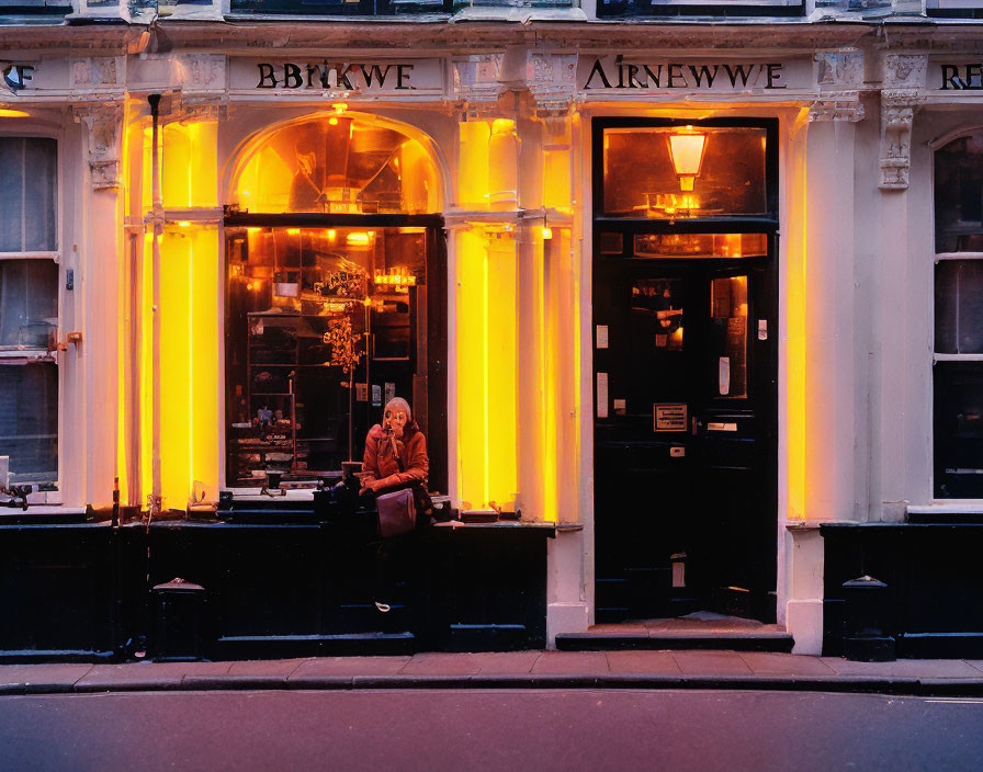 Cozy Cafe Front with Person Seated Inside at Evening Hours