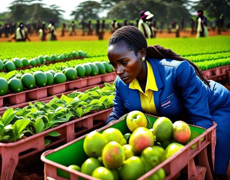 Woman in blue uniform inspecting green apples on farm with workers and plants.