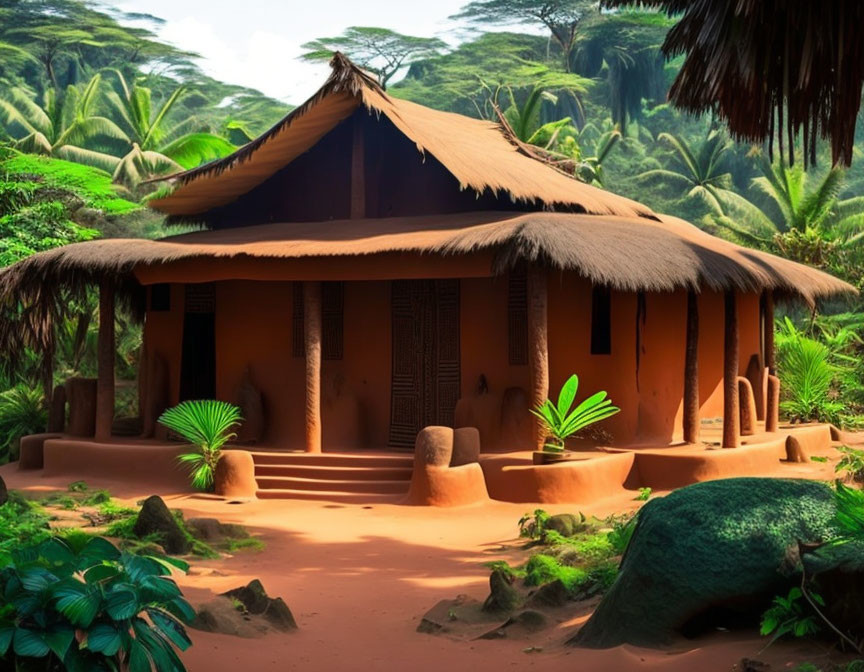 Traditional Thatched Roof Mud House in Lush Green Tropical Setting