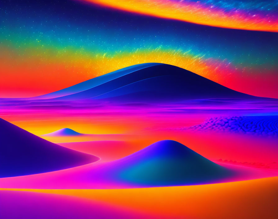 Surreal landscape with vibrant psychedelic colors and starry sky gradient