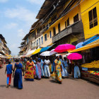 Busy market street scene with colorful umbrellas, fruit stalls, and vibrant buildings