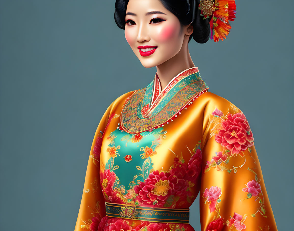 Traditional Asian Attire Illustration with Floral Patterns and Makeup