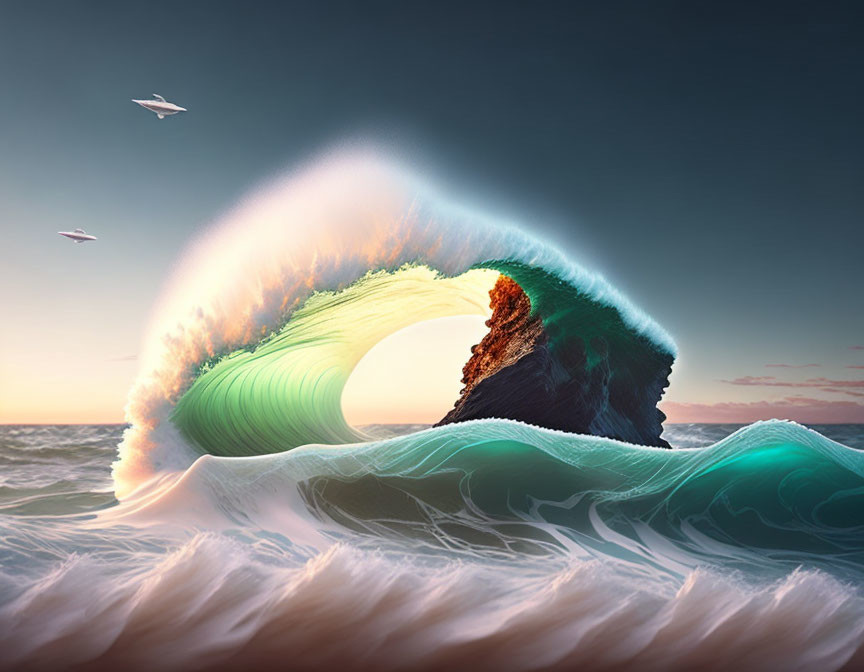 Giant wave tube with rock formation, birds in sunset sky