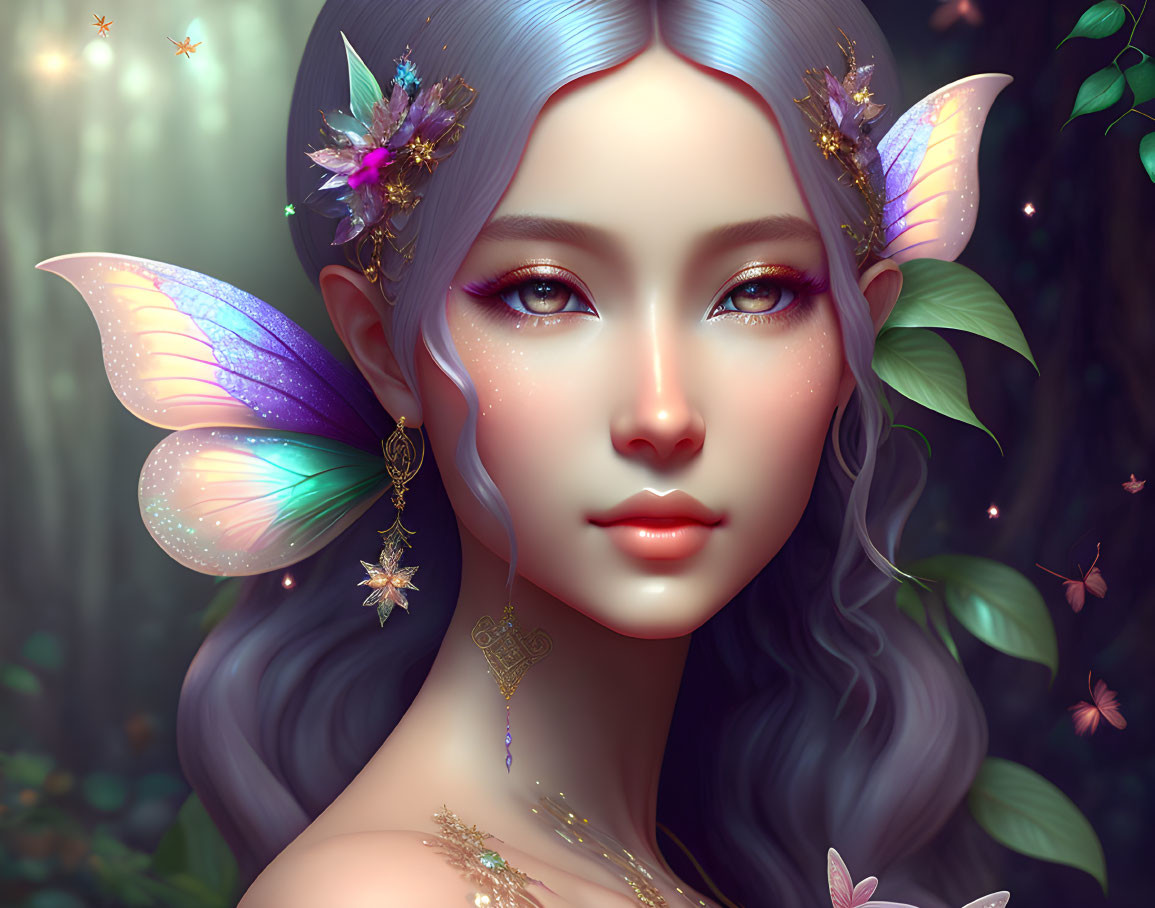 Fantasy illustration of woman with purple hair and fairy wings, in magical forest.