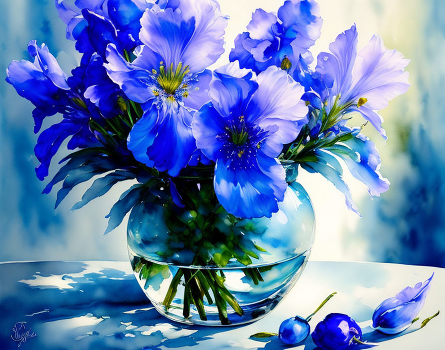 Blue flowers in a glass vase watercolor painting with reflections and shadows