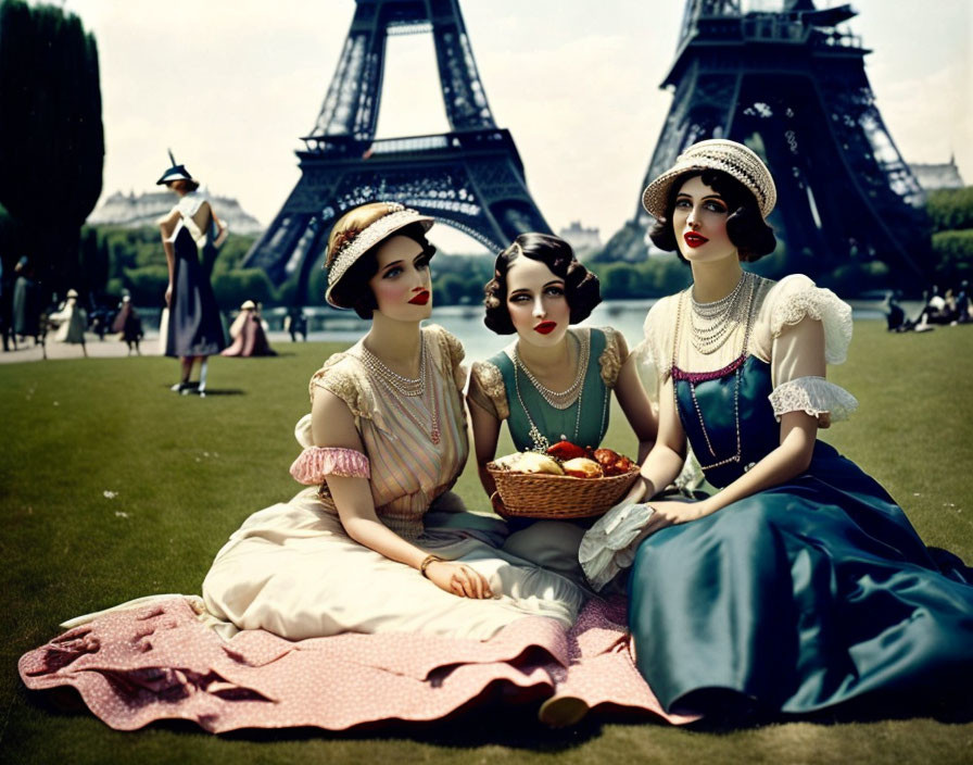 Vintage attired women sitting by Eiffel Tower with distant figure