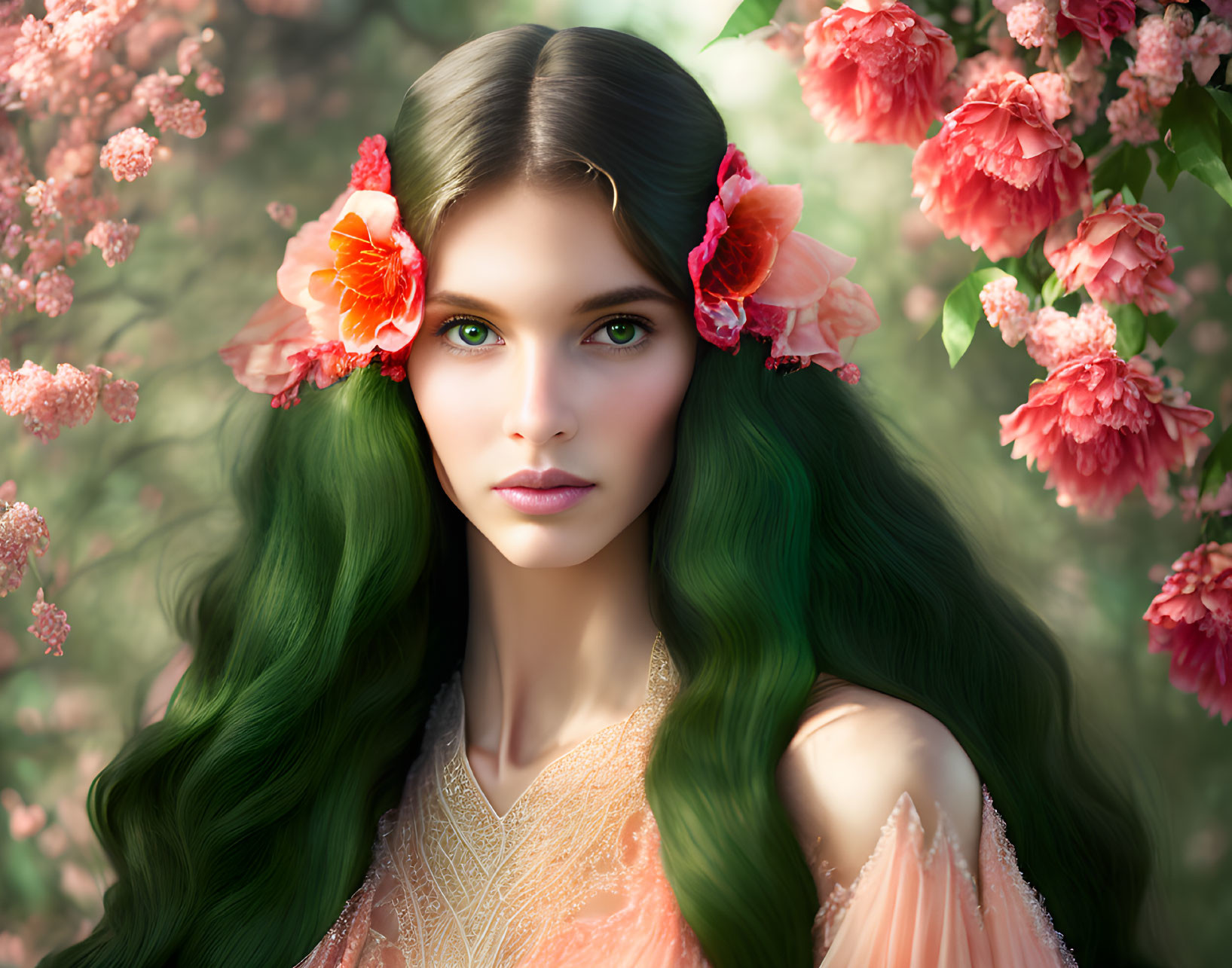 Portrait of woman with long green hair and pink flowers, blue eyes, peach dress, pink blossom backdrop