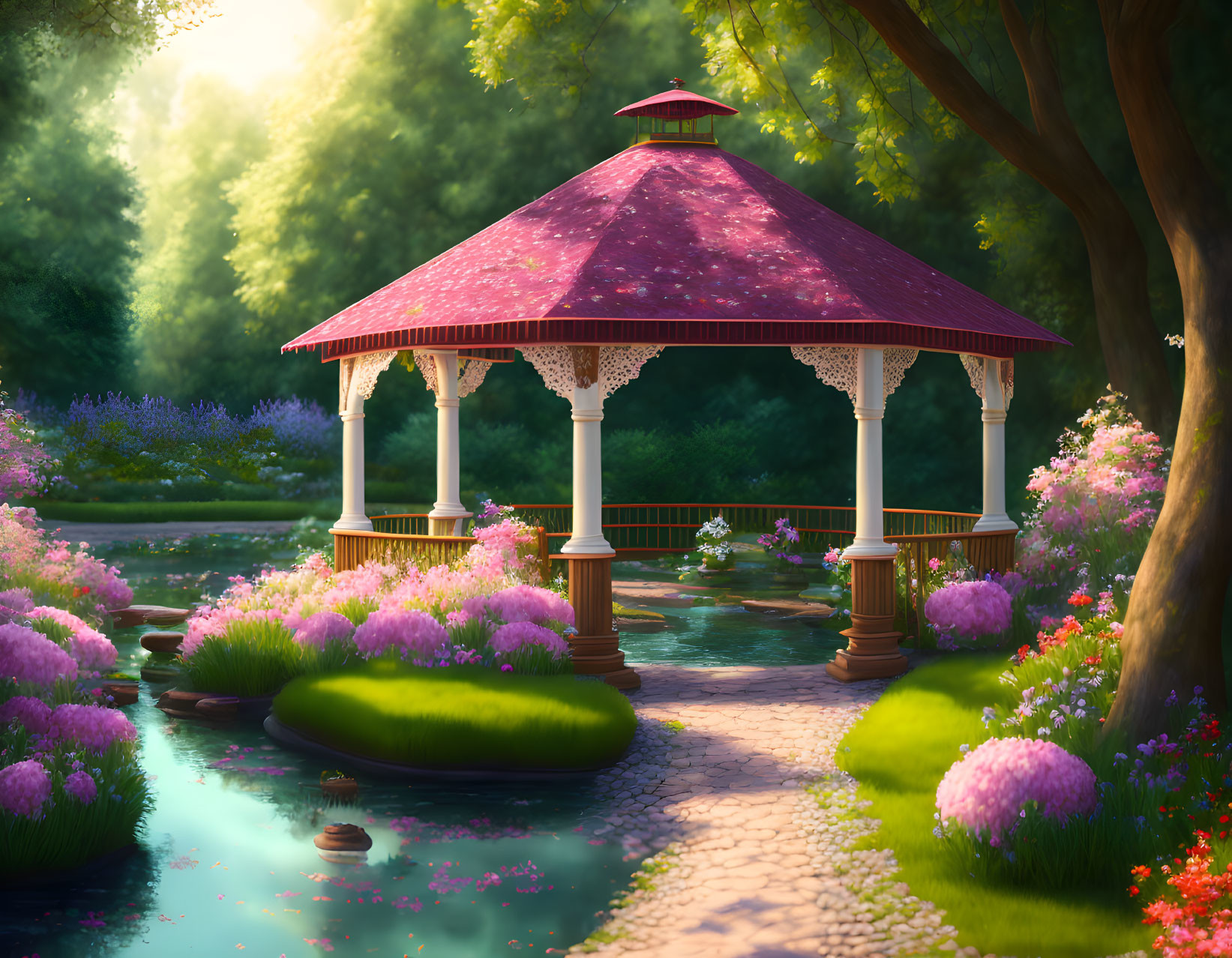 Tranquil garden scene with red-roofed gazebo by pond