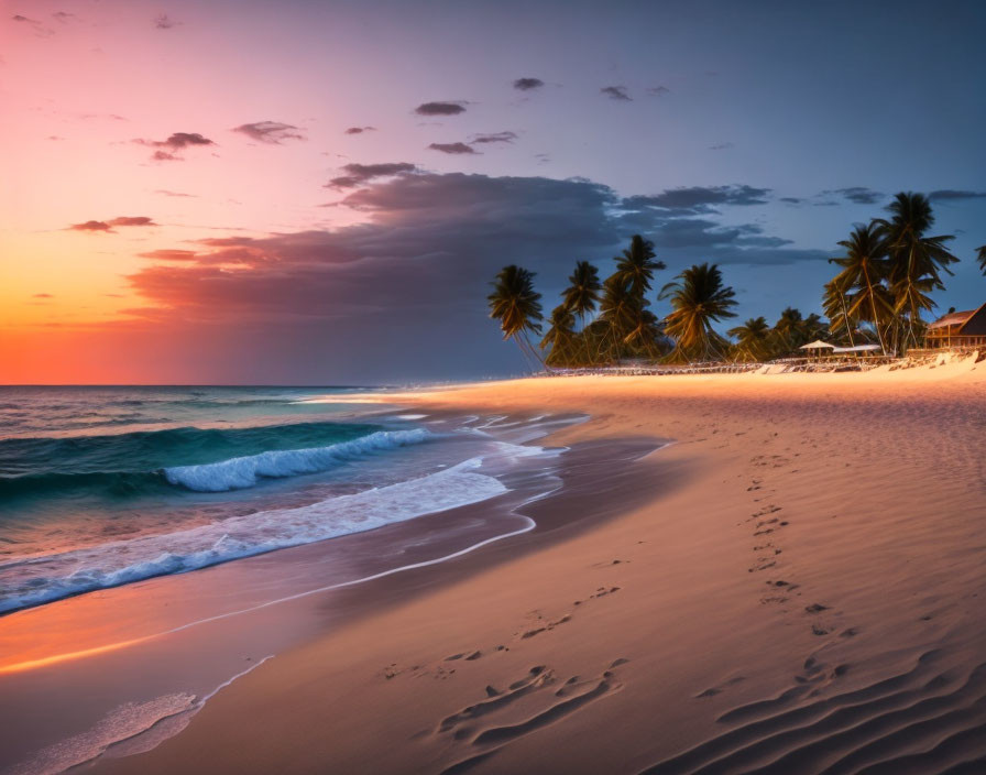 Tranquil sunset beach scene with palm trees and gentle waves