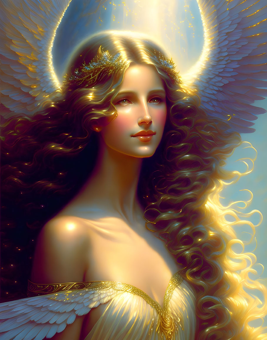 Ethereal being with golden wings, halo, serene expression, and elegant attire