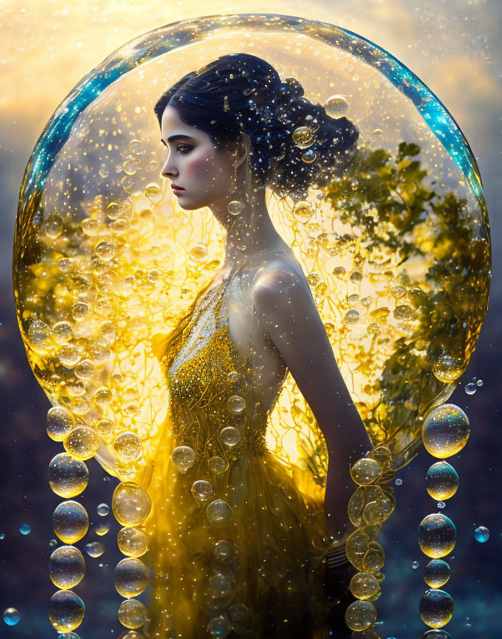 Woman in Yellow Dress Encapsulated in Bubble with Golden Glow and Trees