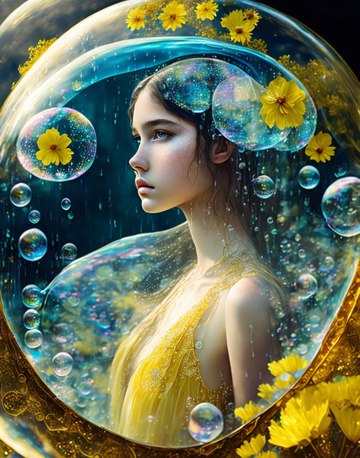 Surreal portrait of girl in bubble with flowers and bubbles on dark background