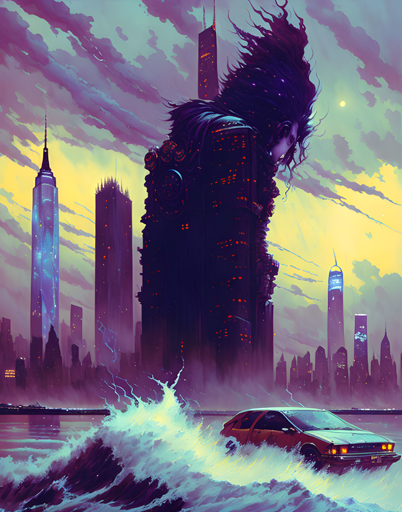 Surreal illustration: Colossal figure with city skyline hair, waves, car at dusk