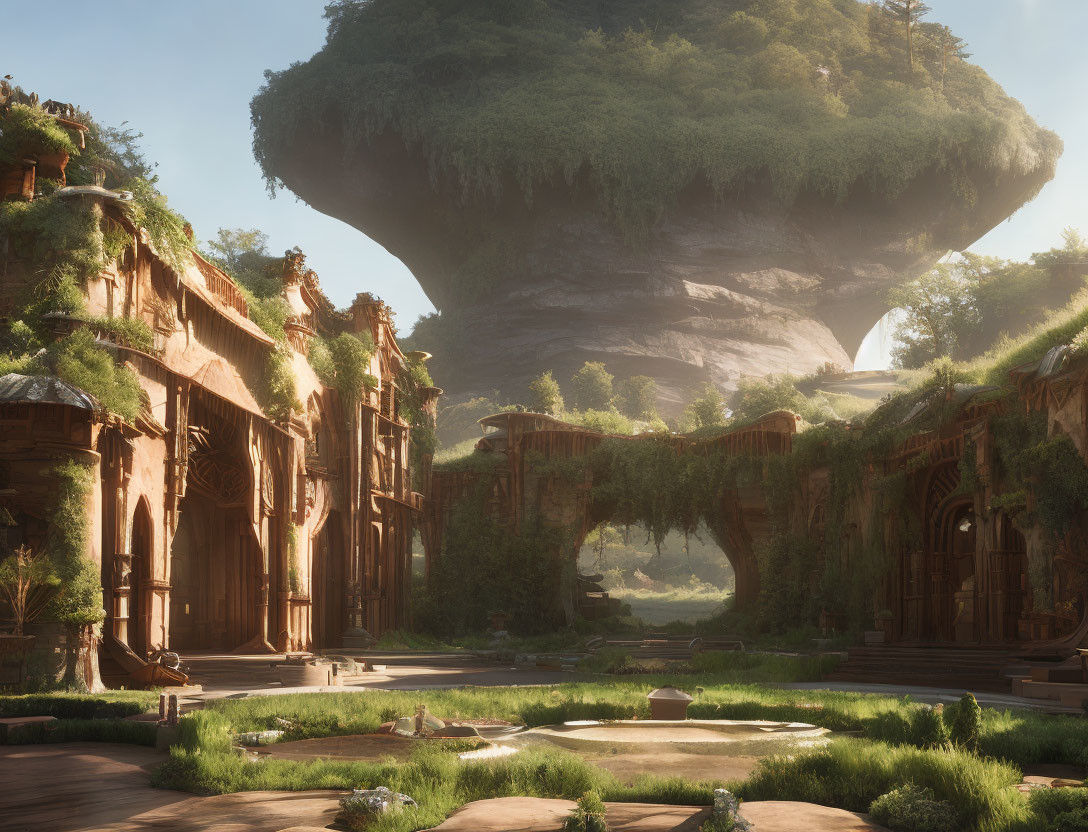 Sunlit ancient ruin under massive mushroom rock formation surrounded by greenery