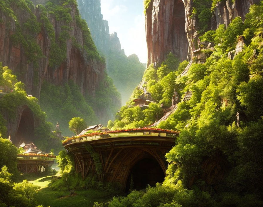 Sunlit Valley with Towering Cliffs, Greenery, Bridge, and Cave Openings