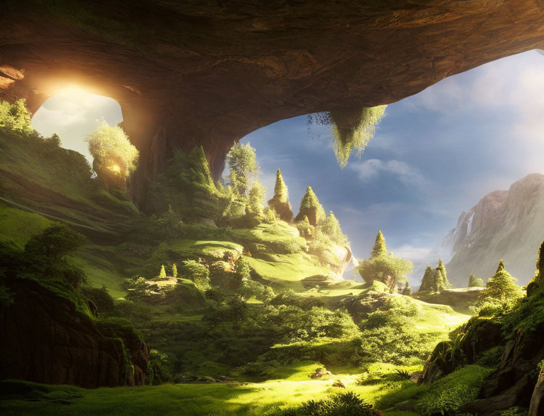 Sunlit fantasy landscape with lush hills and bright sky seen from a cave