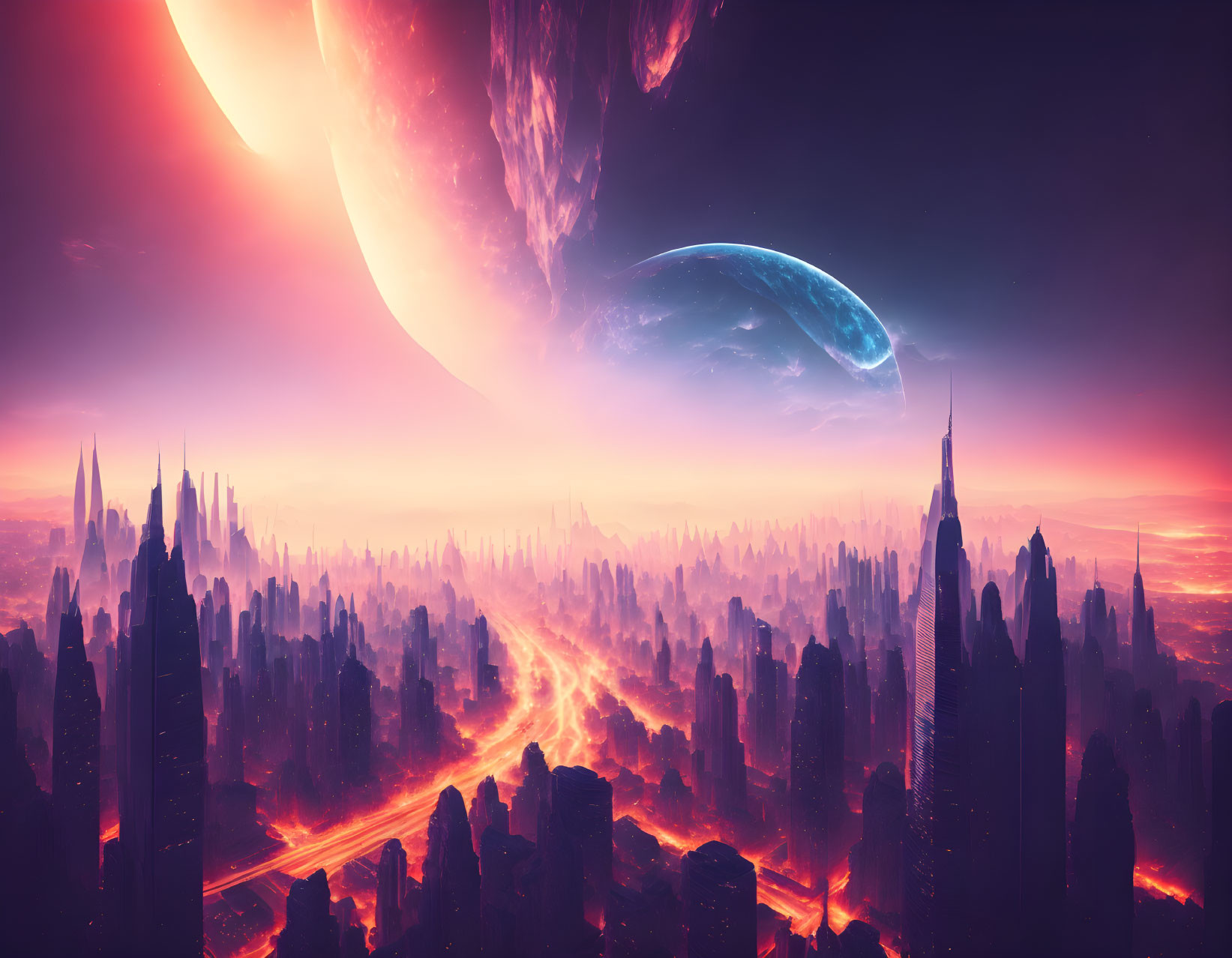 Futuristic cityscape with giant planet and moon under pink and blue sky