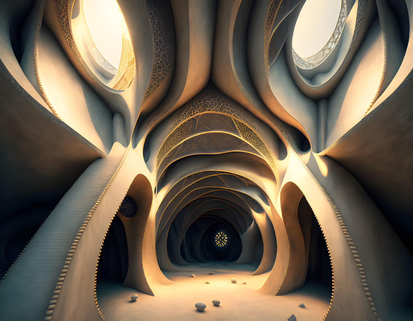 Intricate organic cavern with smooth walls and glowing openings